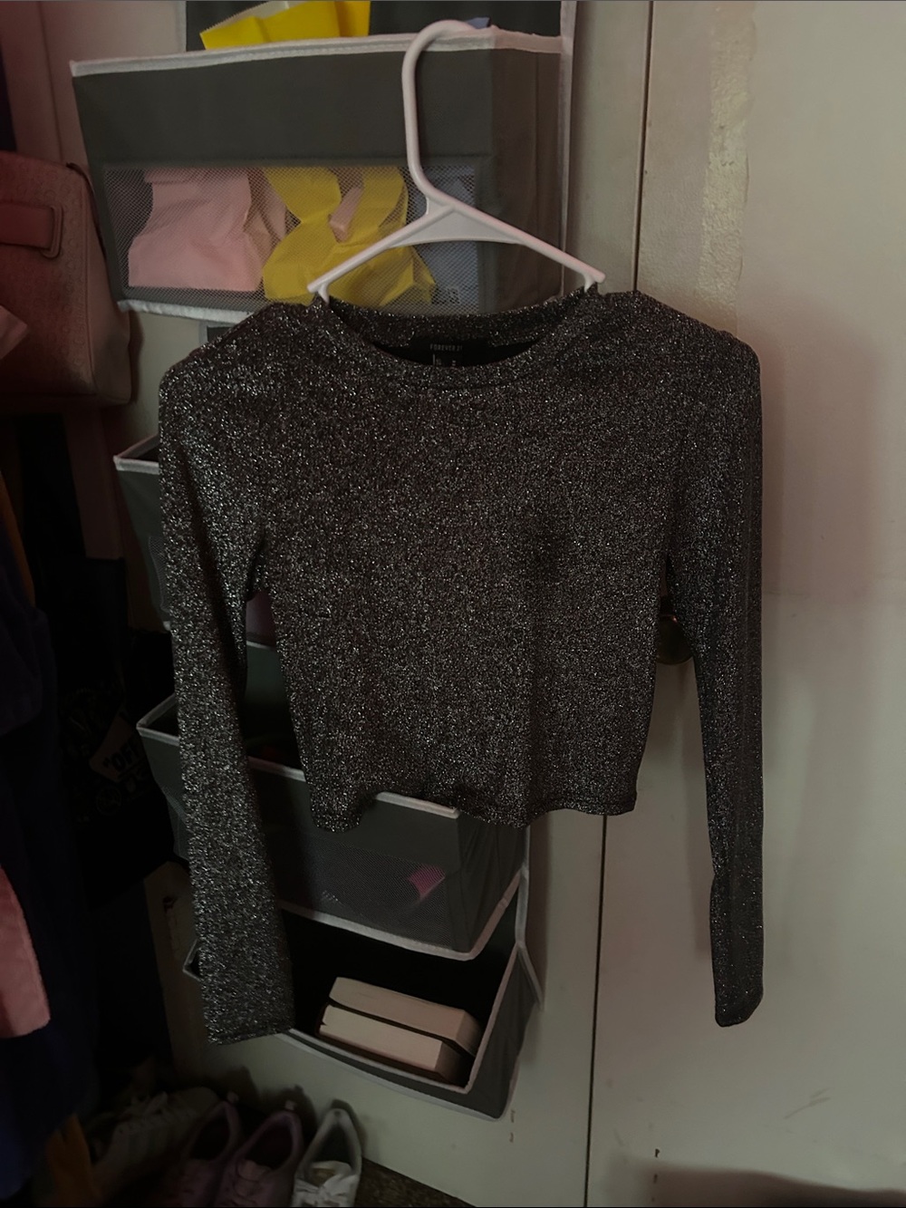 Forever 21 Sparkle Long-Sleeve Crop Top - Black/Silver